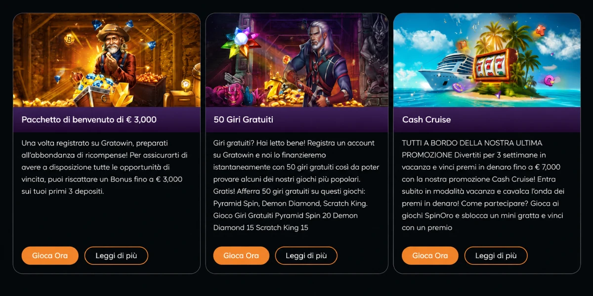 GratoWin Casino promozioni pacchetto di benvenuto e 50 giri gratuiti