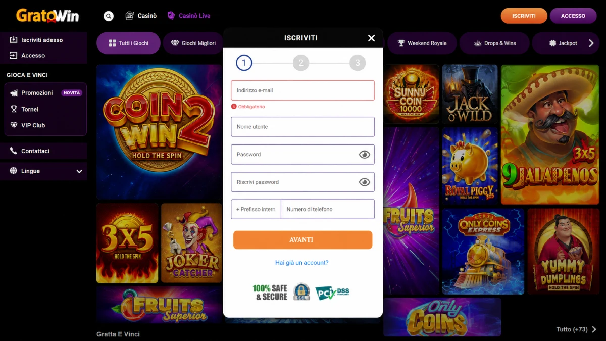 GratoWin Casino modulo di registrazione e creazione nuovo account